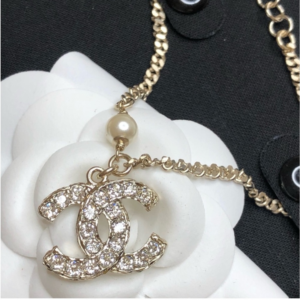CHANEL Gold, Faux Pearly White, and Crystal CC Charm Adjustable Bracelet (NWT)